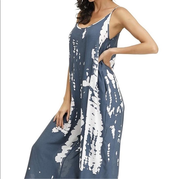 Buenos Ninos Jumpsuit Adult Small Blue White Wide Leg Pocket Tie Dye Flowy Women - Picture 7 of 14
